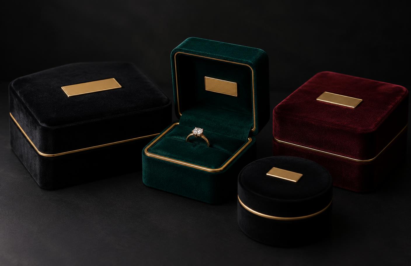 Custom branded velvet boxes with gold logo plates