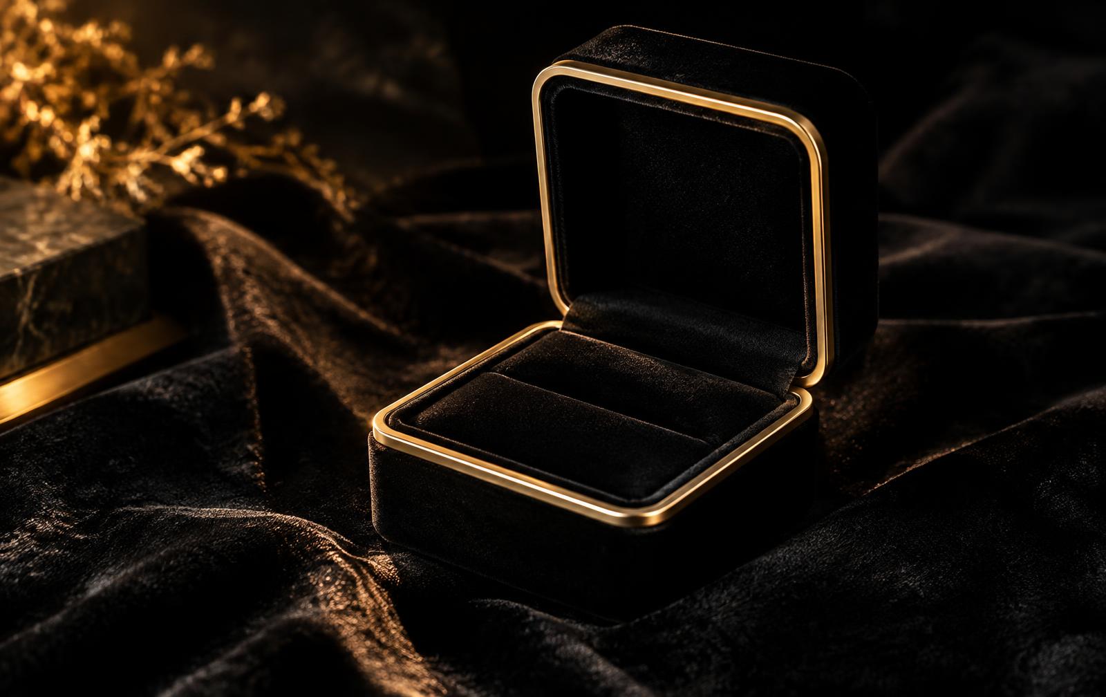 Premium black velvet jewellery box with gold trim